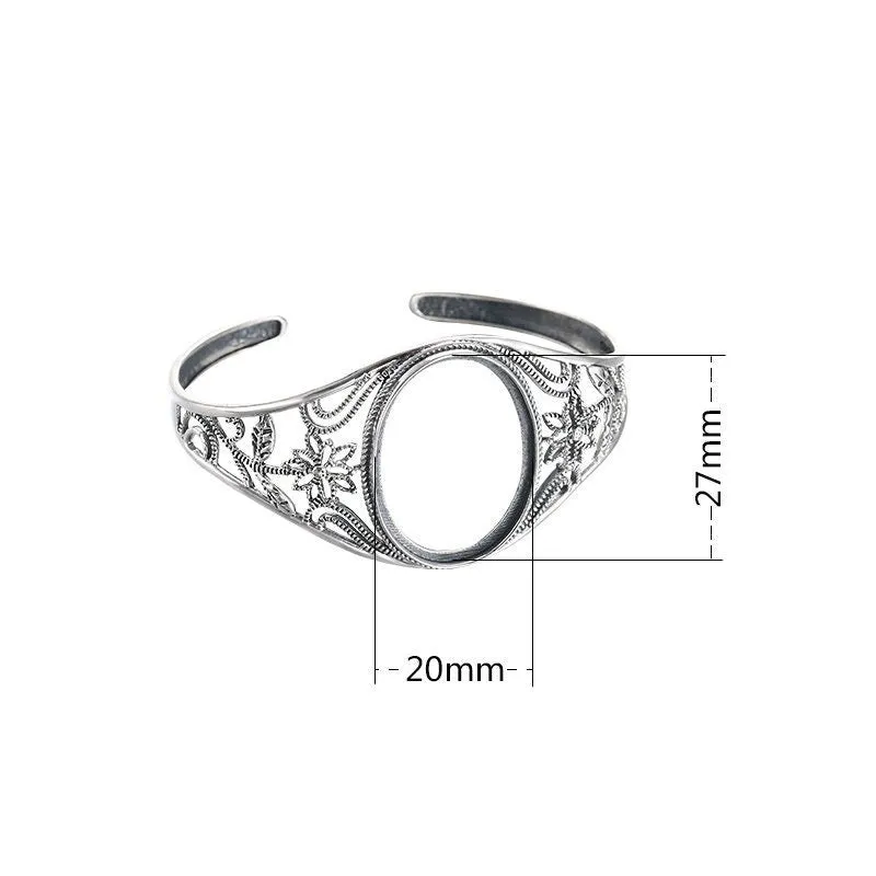 Ethnic Flower Oval Mount Bracelet Setting Base Sterling Silver Fine 925 27x20mm For One Stone Adjustable No Prongs DIY Jewelry Wholesale