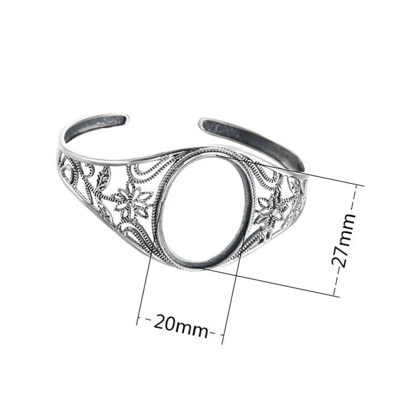 Ethnic Flower Oval Mount Bracelet Setting Base Sterling Silver Fine 925 27x20mm For One Stone Adjustable No Prongs DIY Jewelry Wholesale