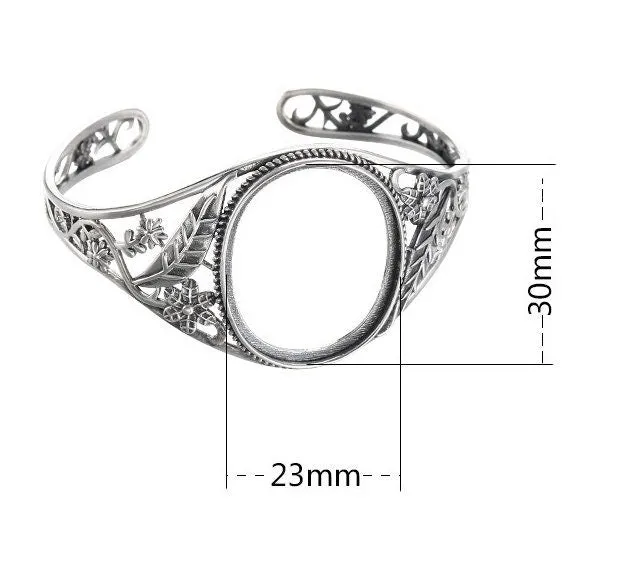 Ethnic Leaf Pattern Oval Mount Bracelet Setting Sterling Silver Fine 925 30x23mm For One Stone Adjustable No Prongs DIY Jewelry Wholesale