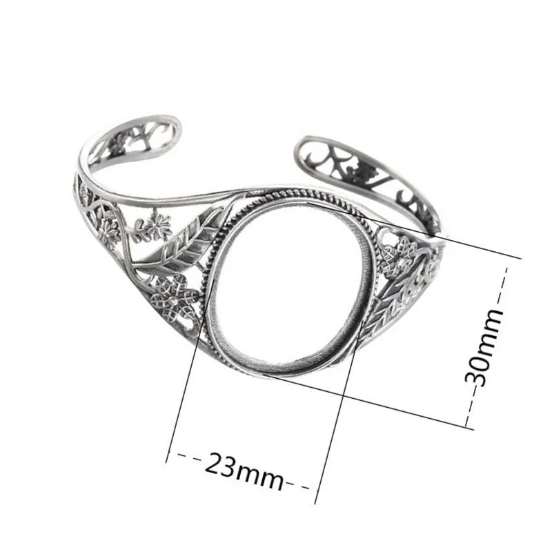 Ethnic Leaf Pattern Oval Mount Bracelet Setting Sterling Silver Fine 925 30x23mm For One Stone Adjustable No Prongs DIY Jewelry Wholesale