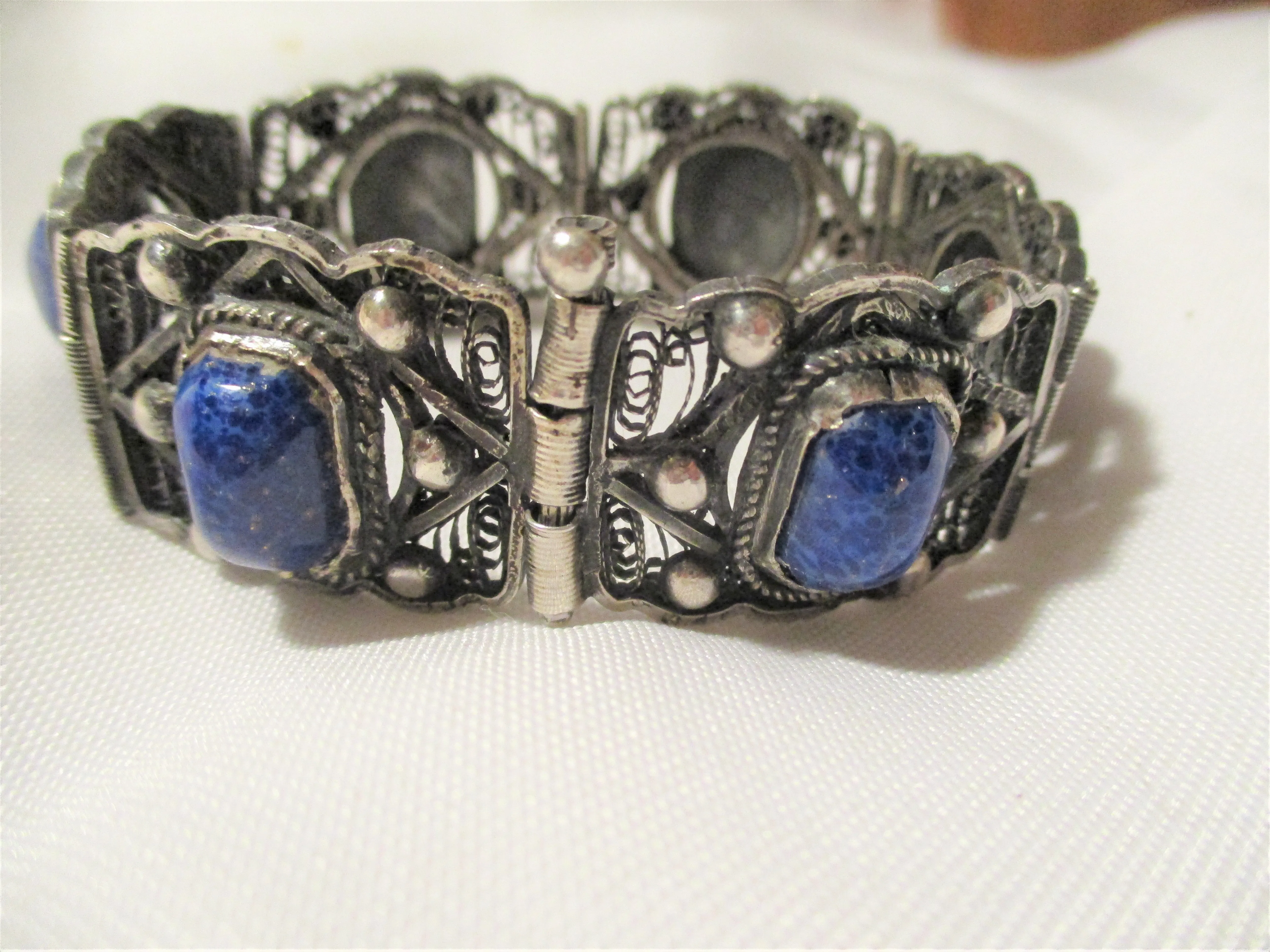 FILIGREE LAPIS LAZULI BLUE Silver SHELL Hinged CUFF BRACELET BANGLE Jewelry Boho Statement