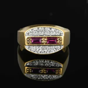 Fine Gold Signet Style Baguette Ruby Diamond Ring