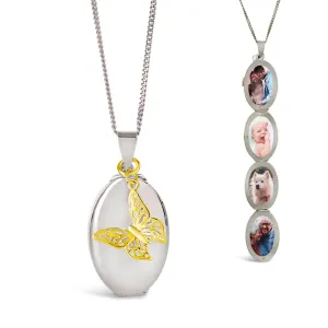 Four Photo Oval Butterfly Locket Silver & Gold   Photos