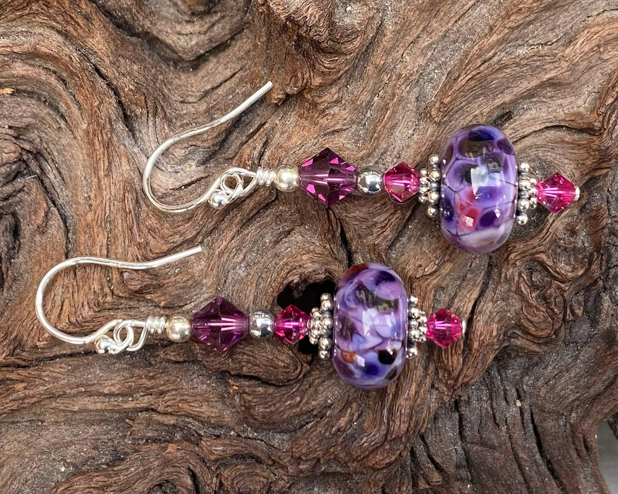 Fuchsia Periwinkle Mosaic Lampwork Bead Earrings