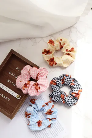 Gingham Check Pattern Teddybear Scrunch Hair Tie (4Colors)