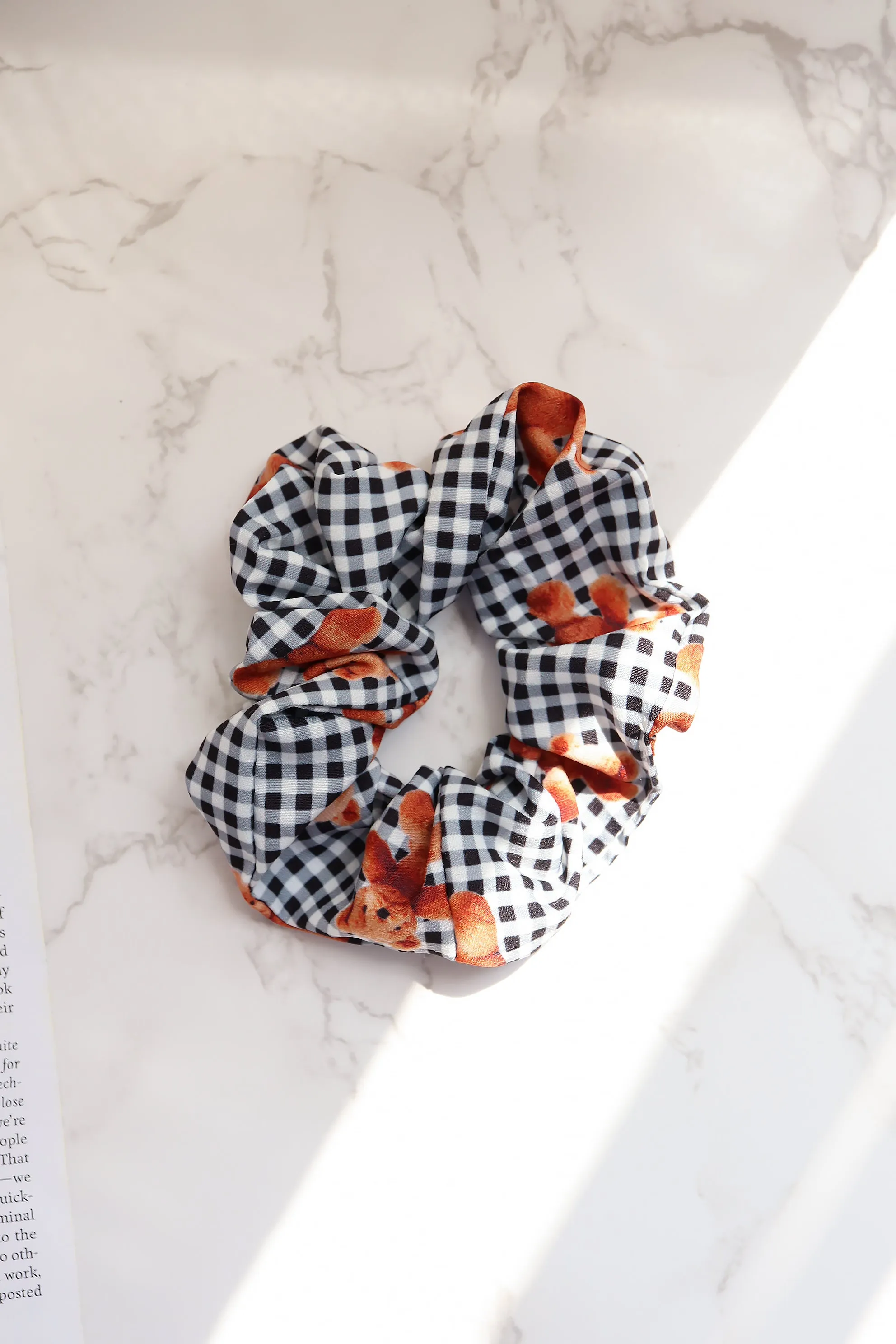 Gingham Check Pattern Teddybear Scrunch Hair Tie (4Colors)