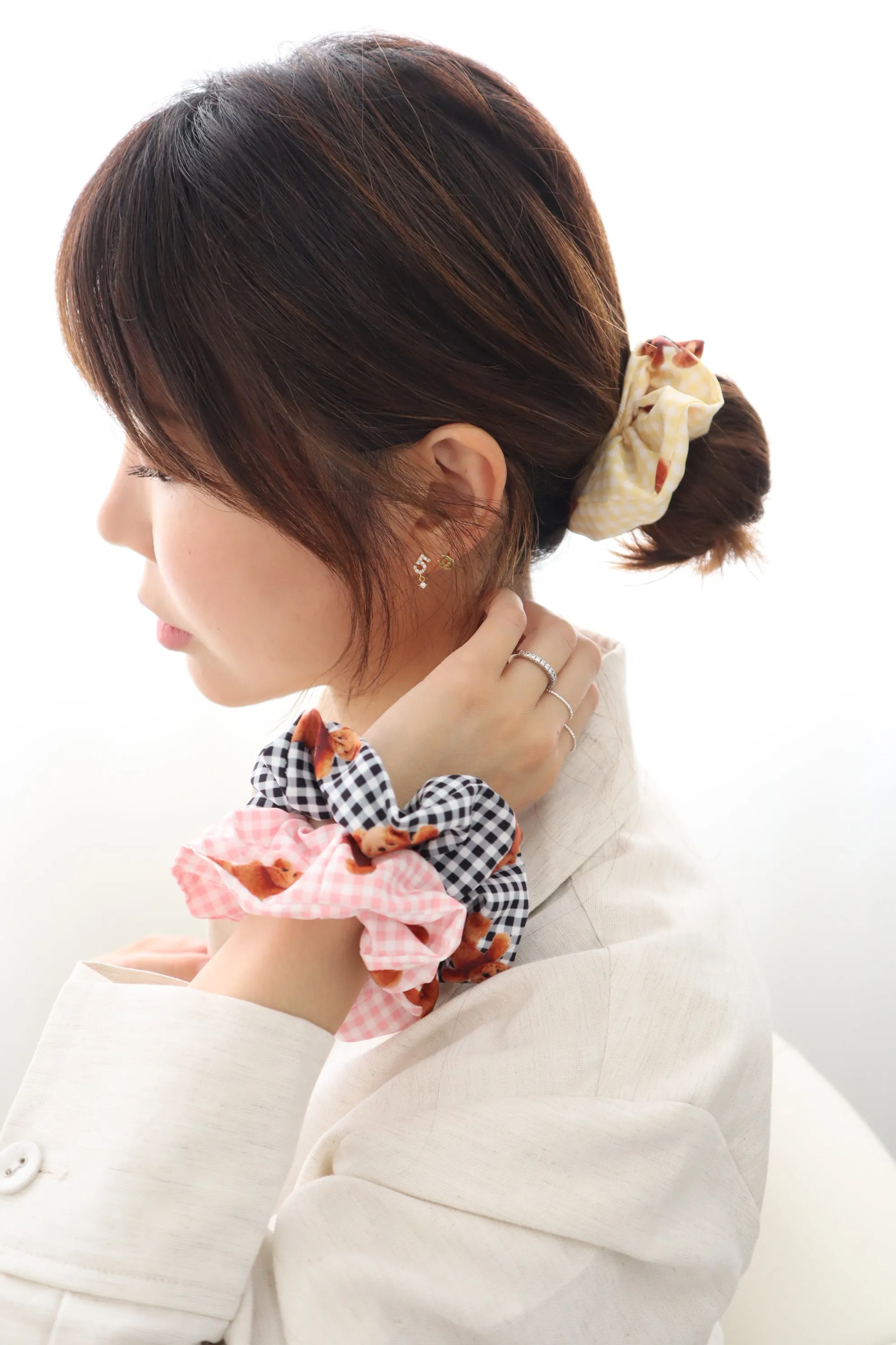 Gingham Check Pattern Teddybear Scrunch Hair Tie (4Colors)