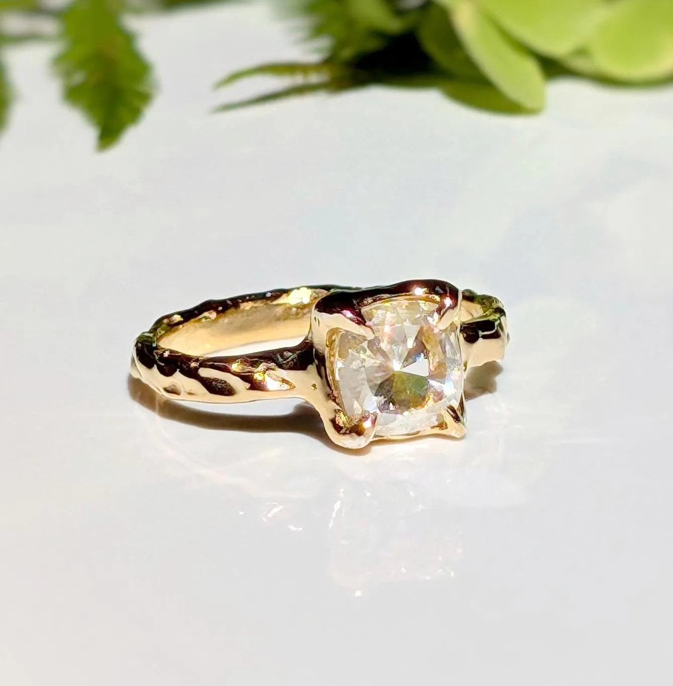 Gold Moissanite textured ring ~ Moissanite engagement ring