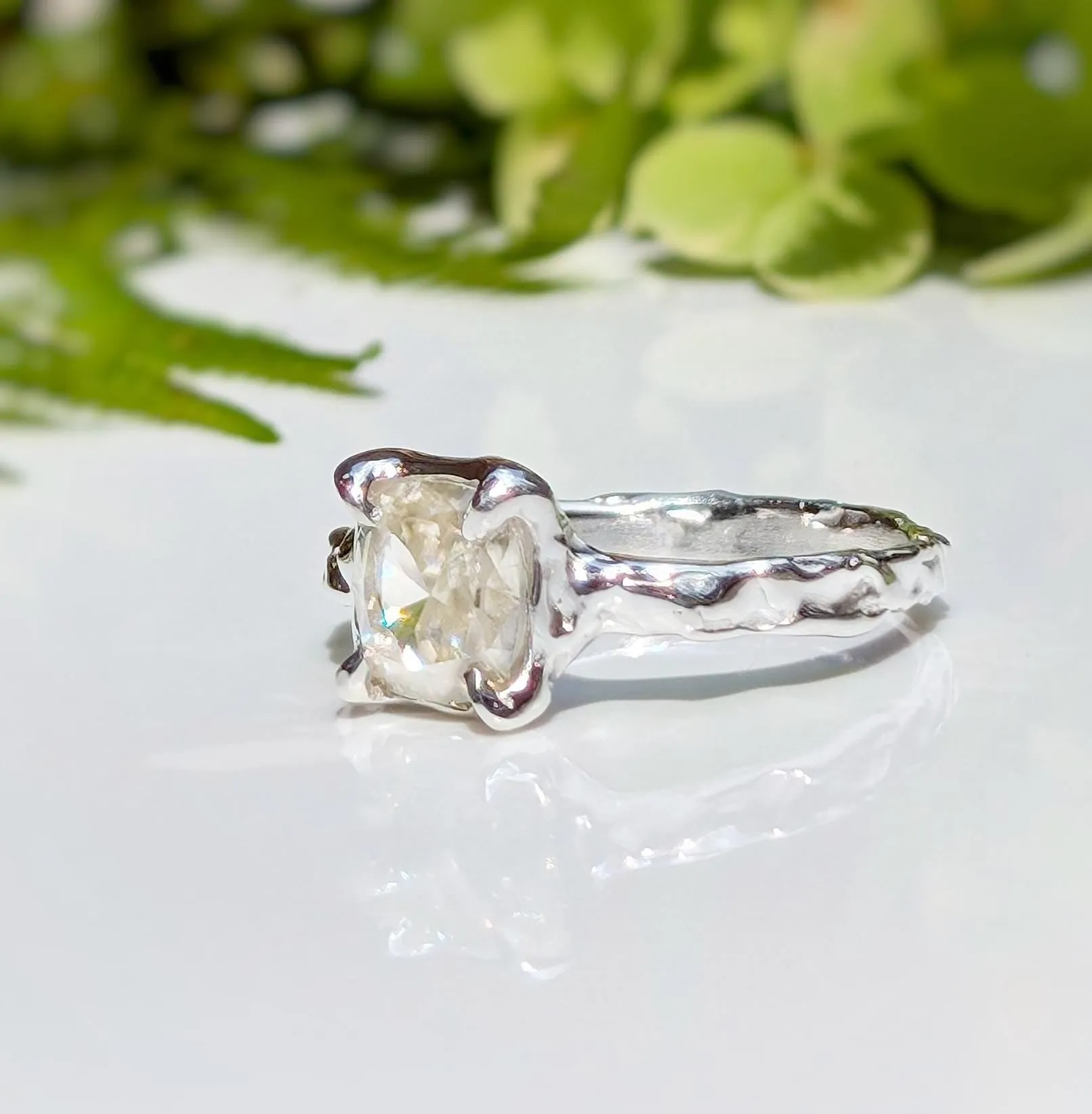 Gold Moissanite textured ring ~ Moissanite engagement ring