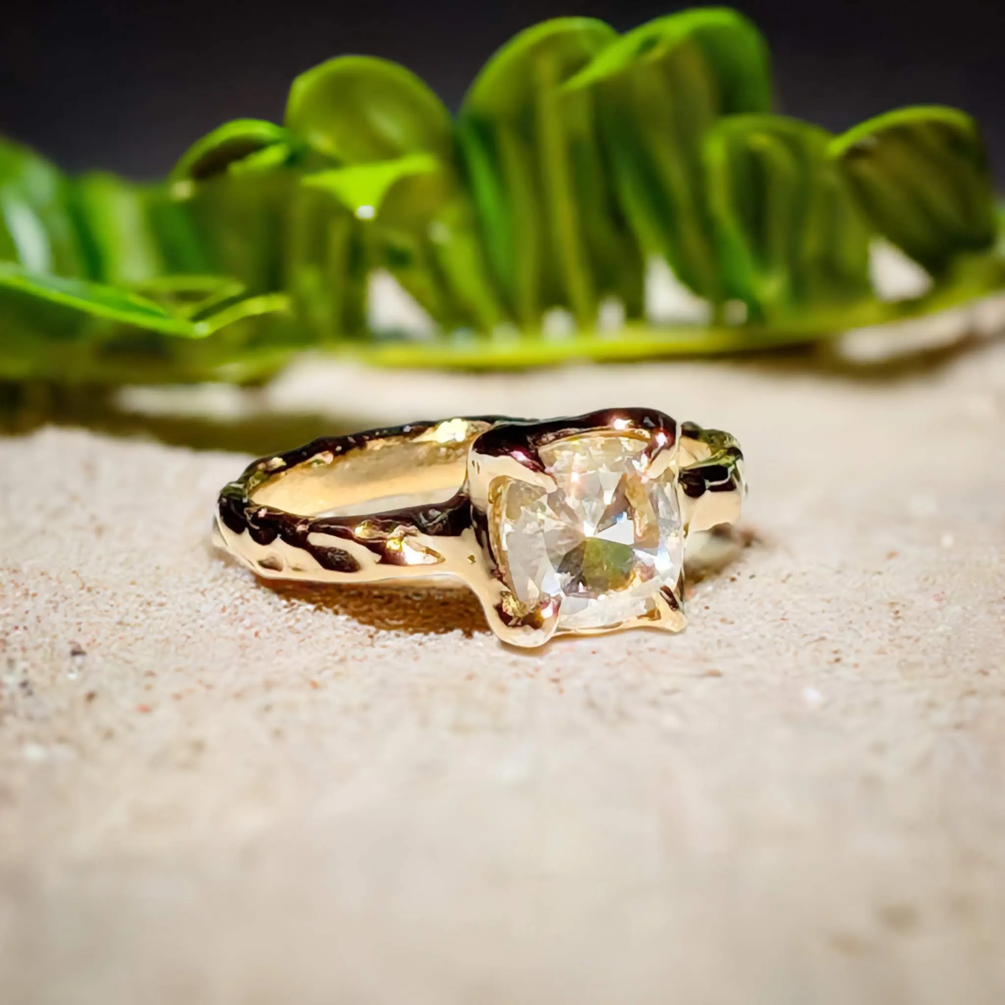 Gold Moissanite textured ring ~ Moissanite engagement ring