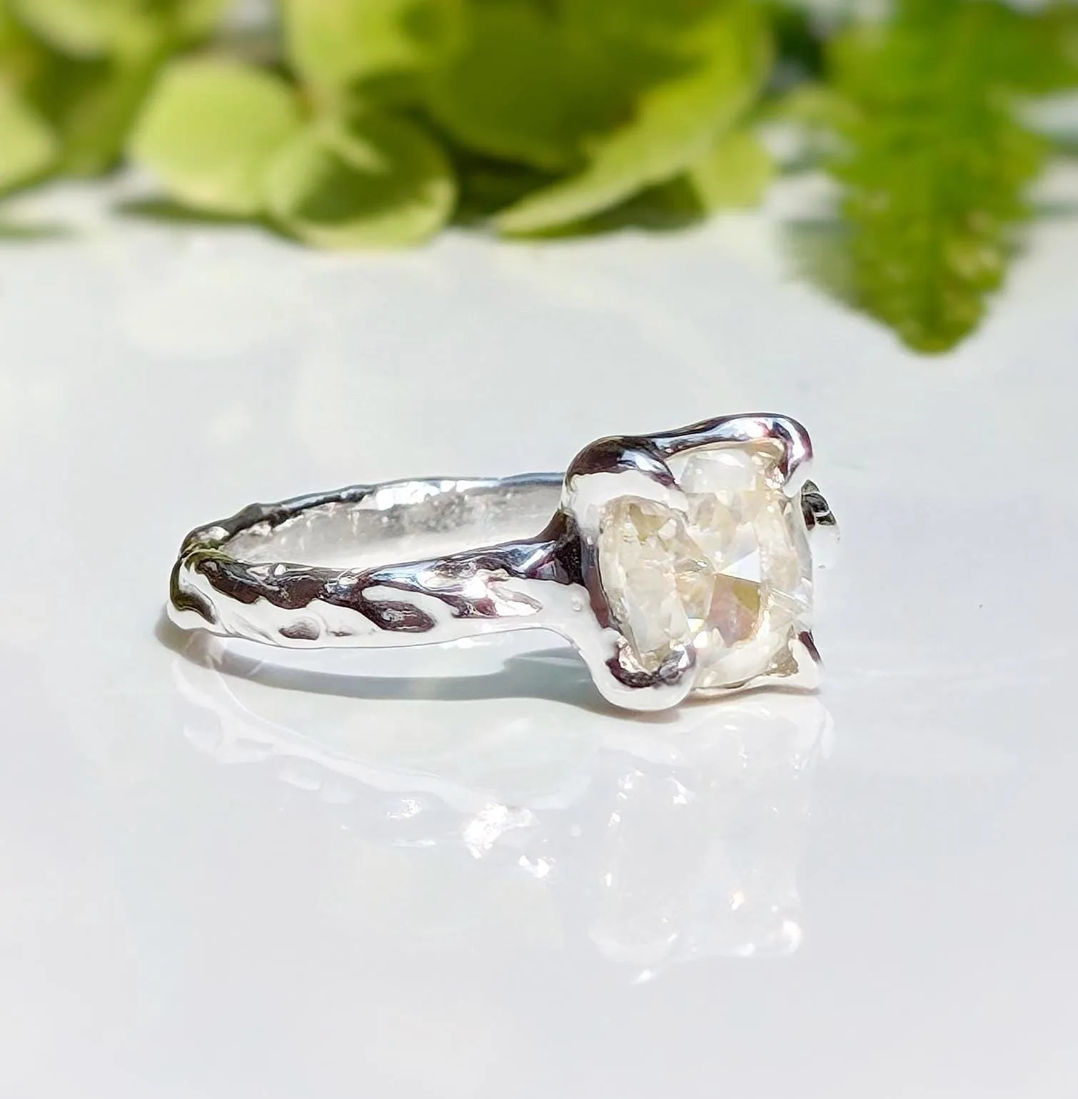 Gold Moissanite textured ring ~ Moissanite engagement ring