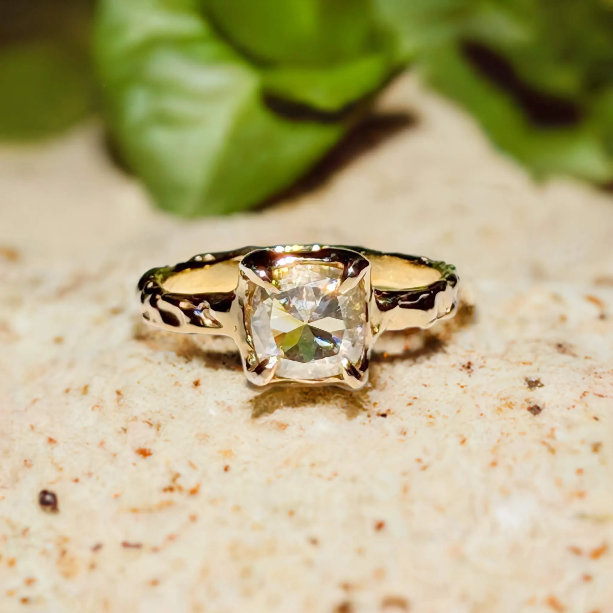 Gold Moissanite textured ring ~ Moissanite engagement ring