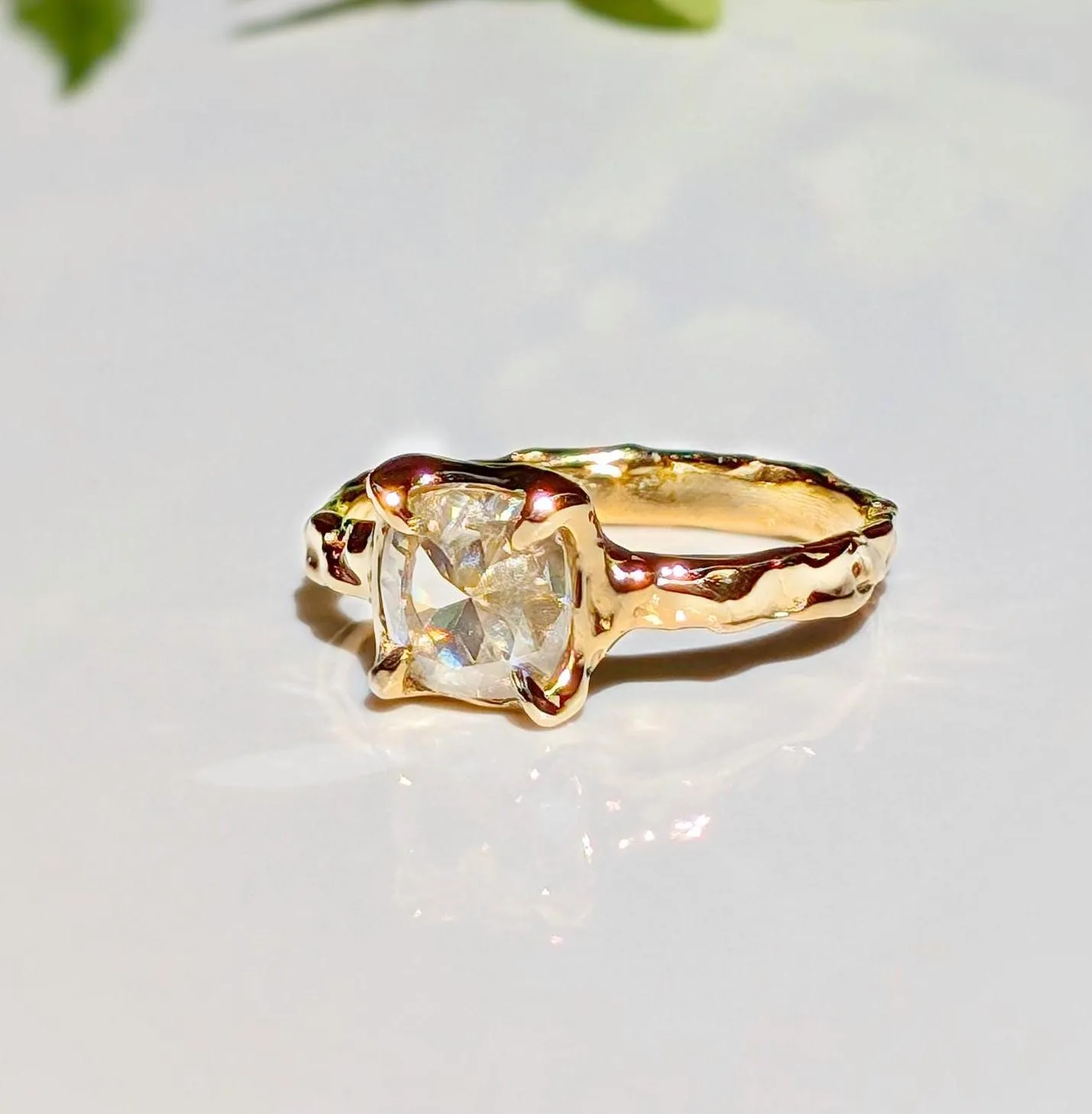 Gold Moissanite textured ring ~ Moissanite engagement ring