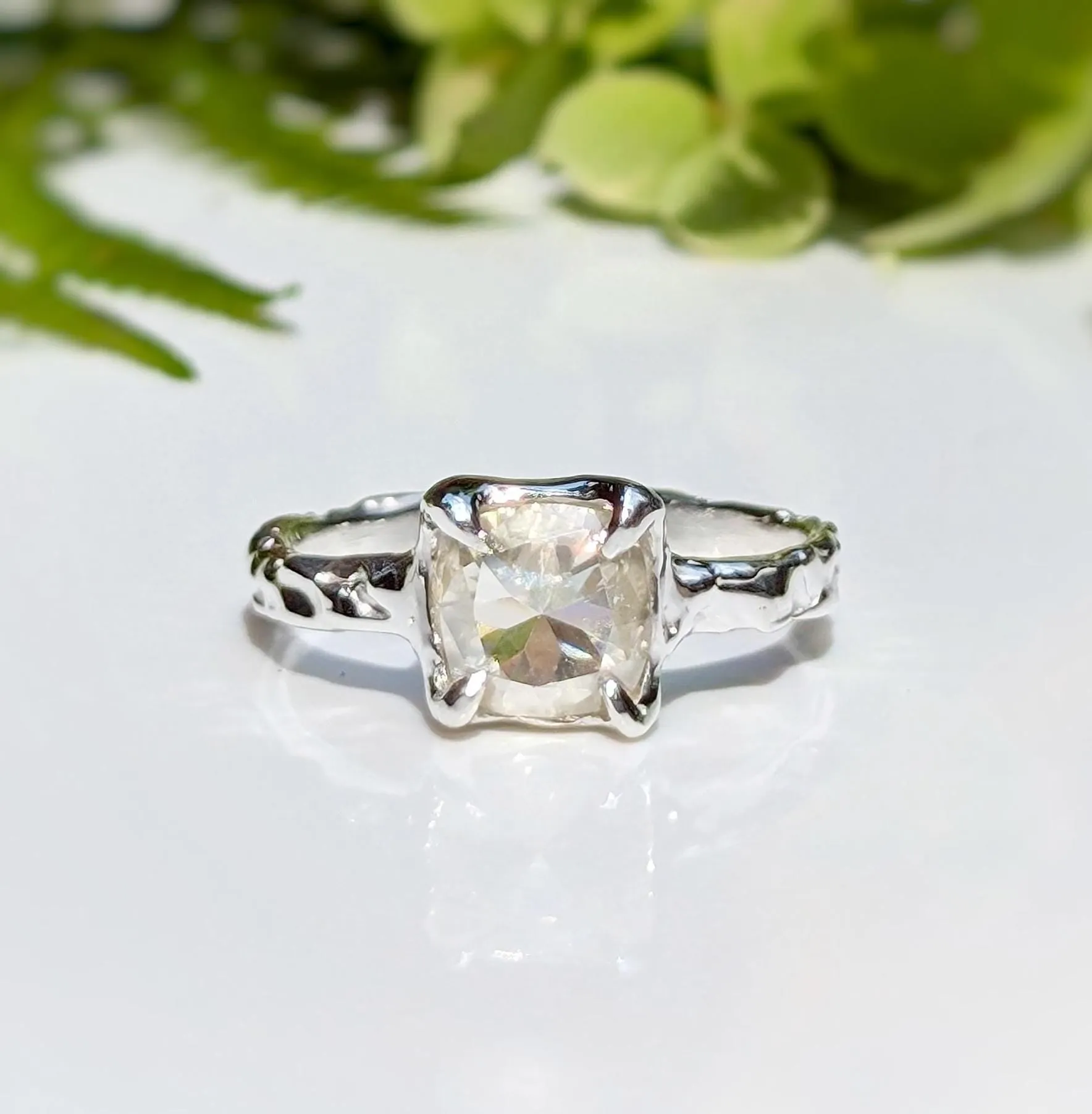 Gold Moissanite textured ring ~ Moissanite engagement ring