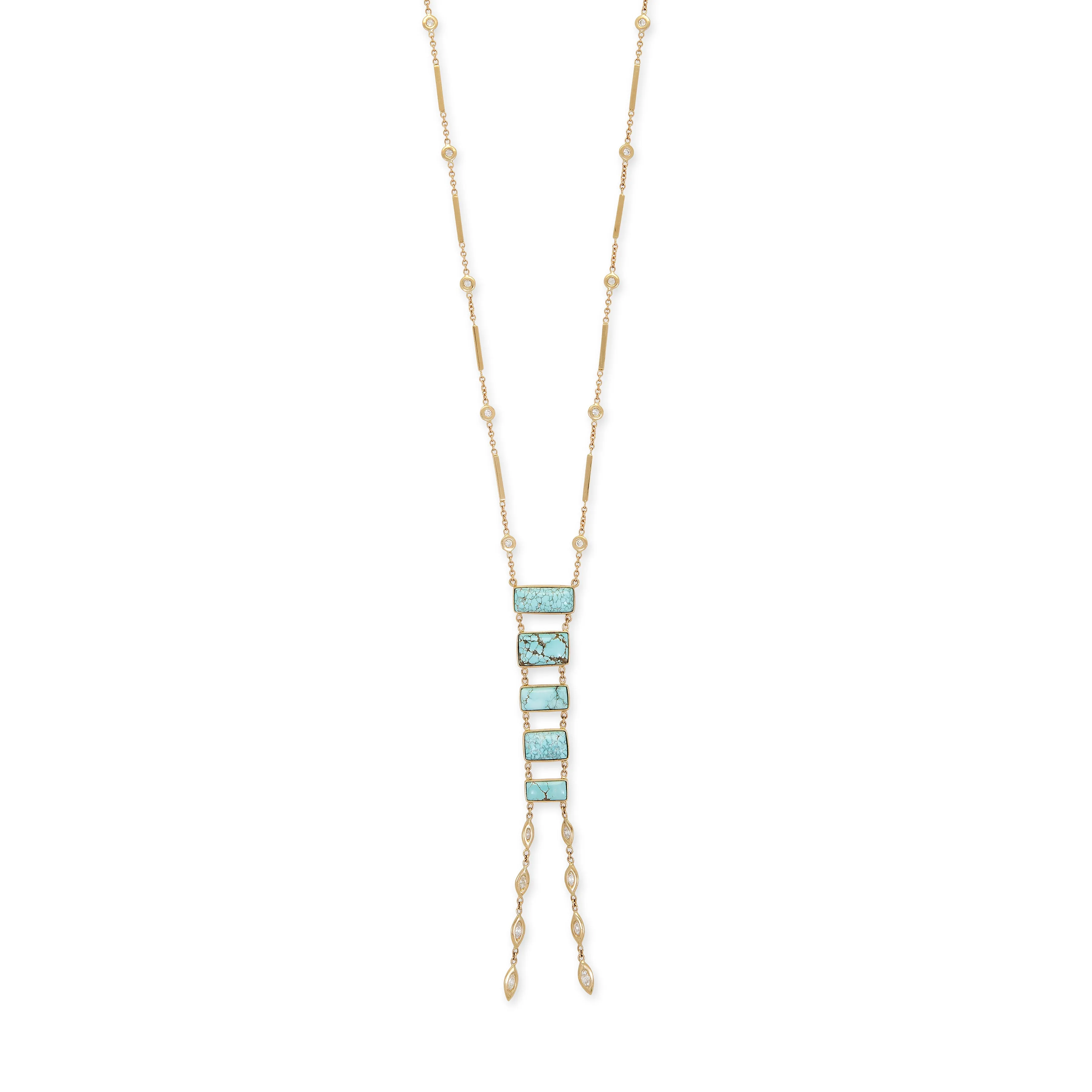 GRADUATED TURQUOISE LADDER   8 MARQUISE DIAMOND SHOWER SMOOTH BAR NECKLACE