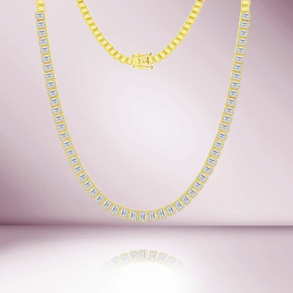 HalfWay Emerald Cut Diamond Tennis Necklace (7.50 ct) Bezel Set in 18K Gold