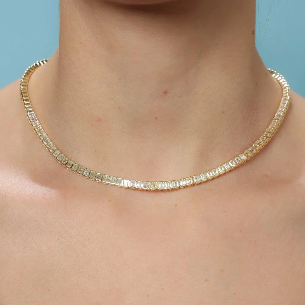 HalfWay Emerald Cut Diamond Tennis Necklace (7.50 ct) Bezel Set in 18K Gold