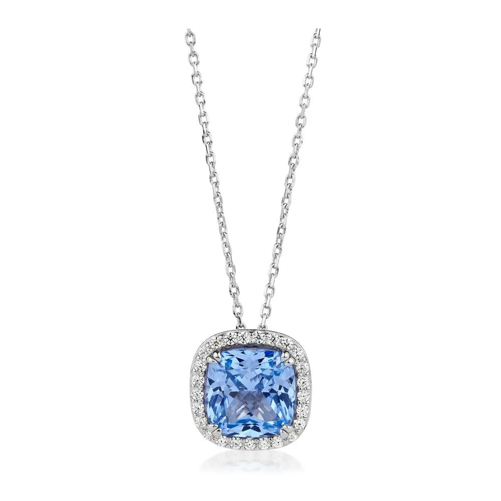 Halo necklace with blue topaz simulant and 0.22 carats* of diamond simulants in sterling silver