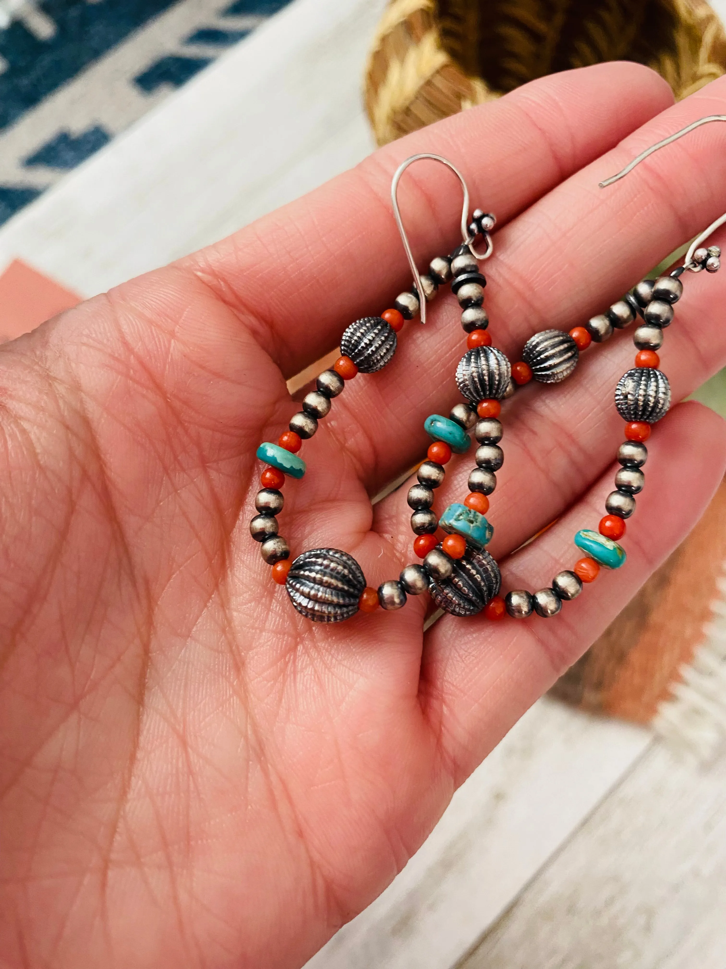 Handmade Coral, Turquoise And Sterling Silver Beaded Dangle Earrings