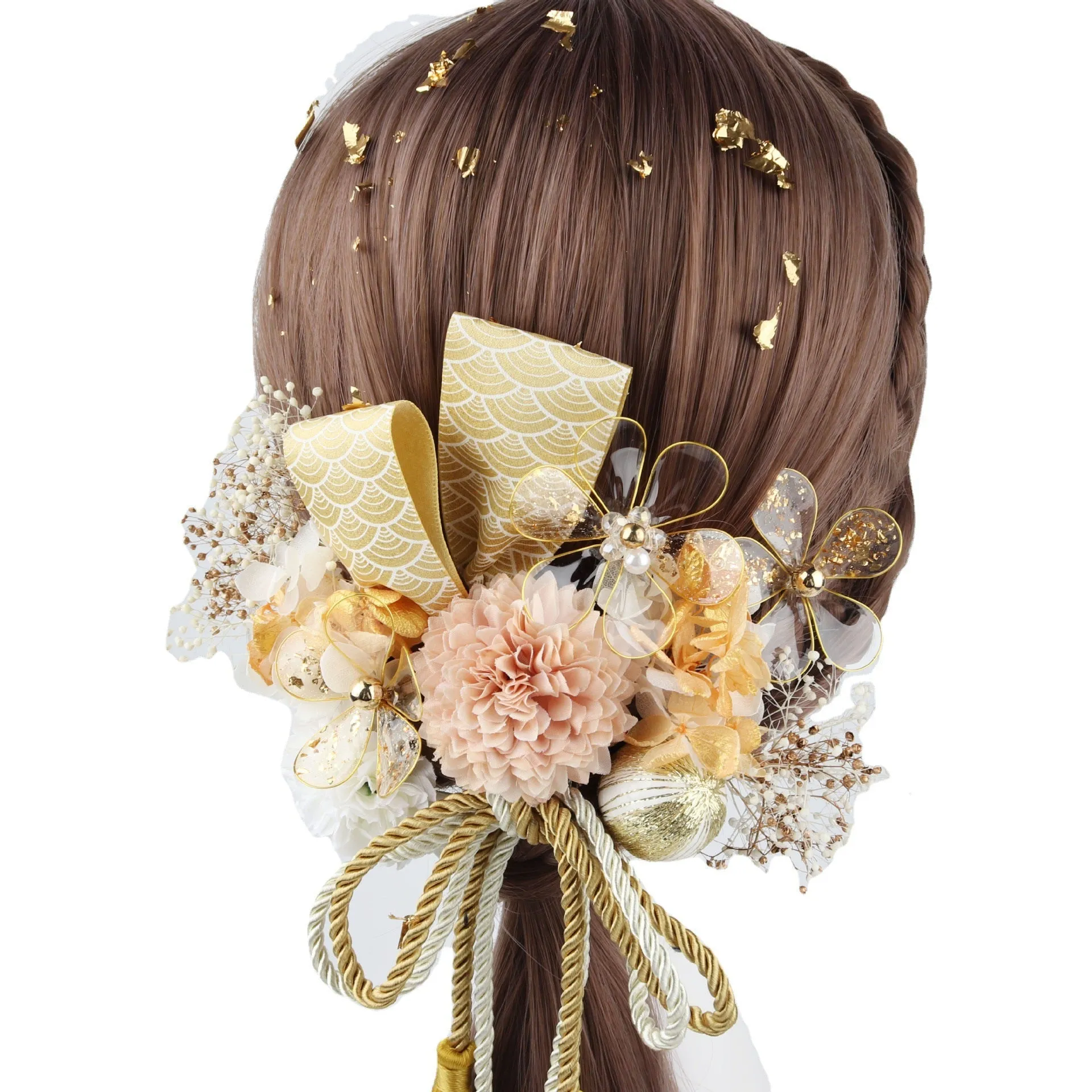 Handmade Tsumami Kanzashi Hairpin 15 Piece Set 【Golden Wedding】