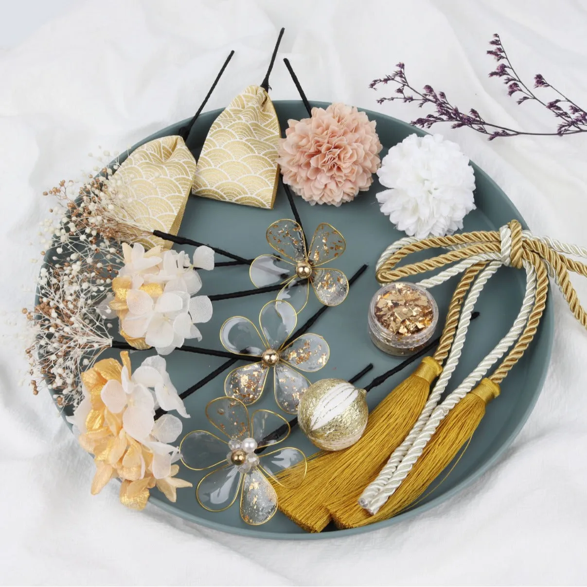 Handmade Tsumami Kanzashi Hairpin 15 Piece Set 【Golden Wedding】