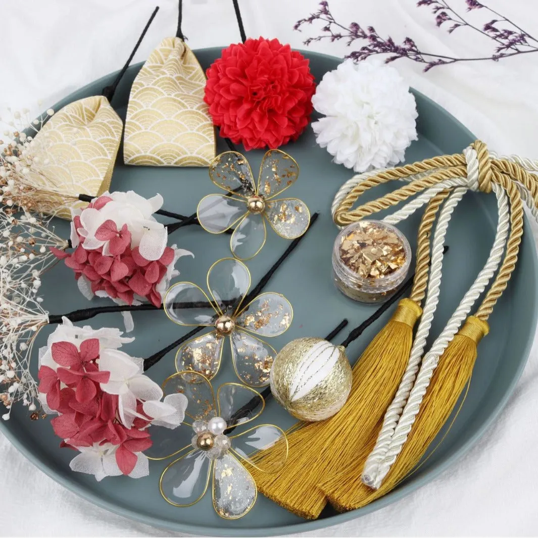 Handmade Tsumami Kanzashi Hairpin 15 Piece Set 【Golden Wedding】