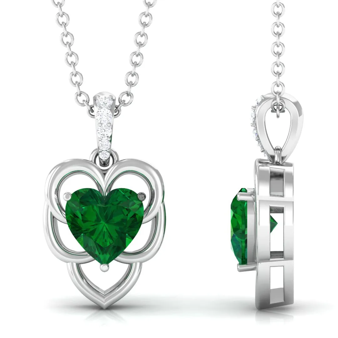 Heart Shape Created Emerald Leaf Pendant with Diamond Accent Bail