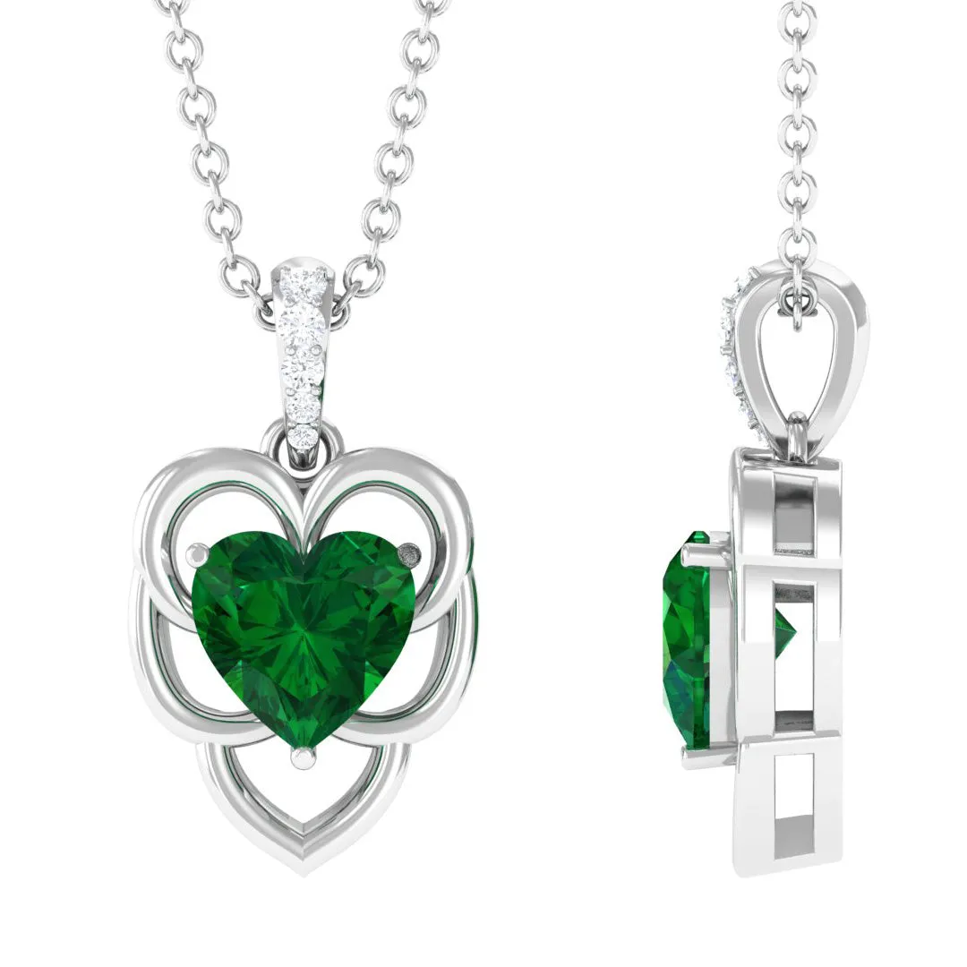 Heart Shape Created Emerald Leaf Pendant with Diamond Accent Bail