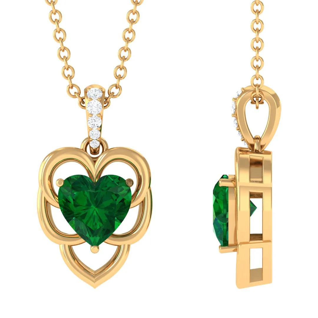 Heart Shape Created Emerald Leaf Pendant with Diamond Accent Bail