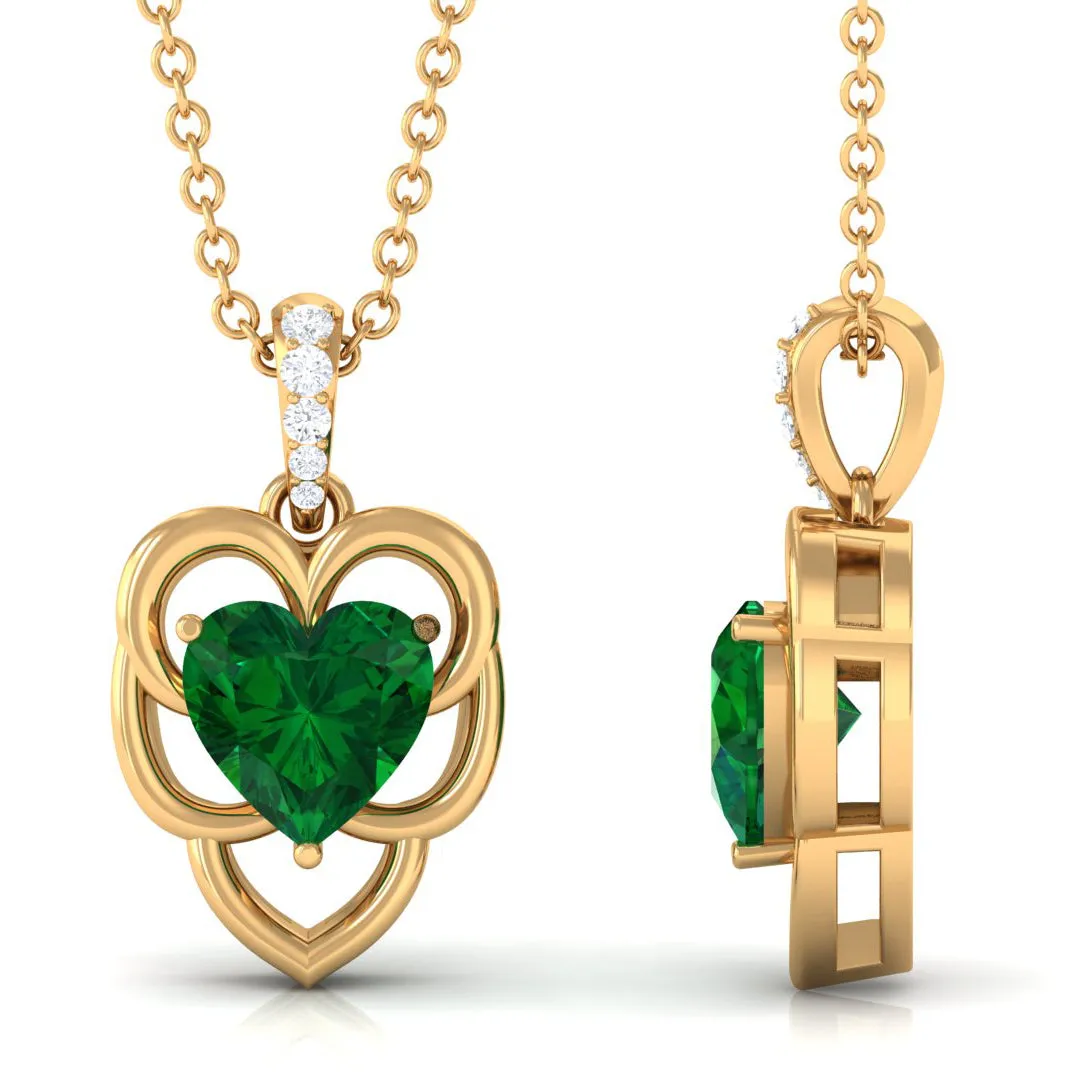 Heart Shape Created Emerald Leaf Pendant with Diamond Accent Bail