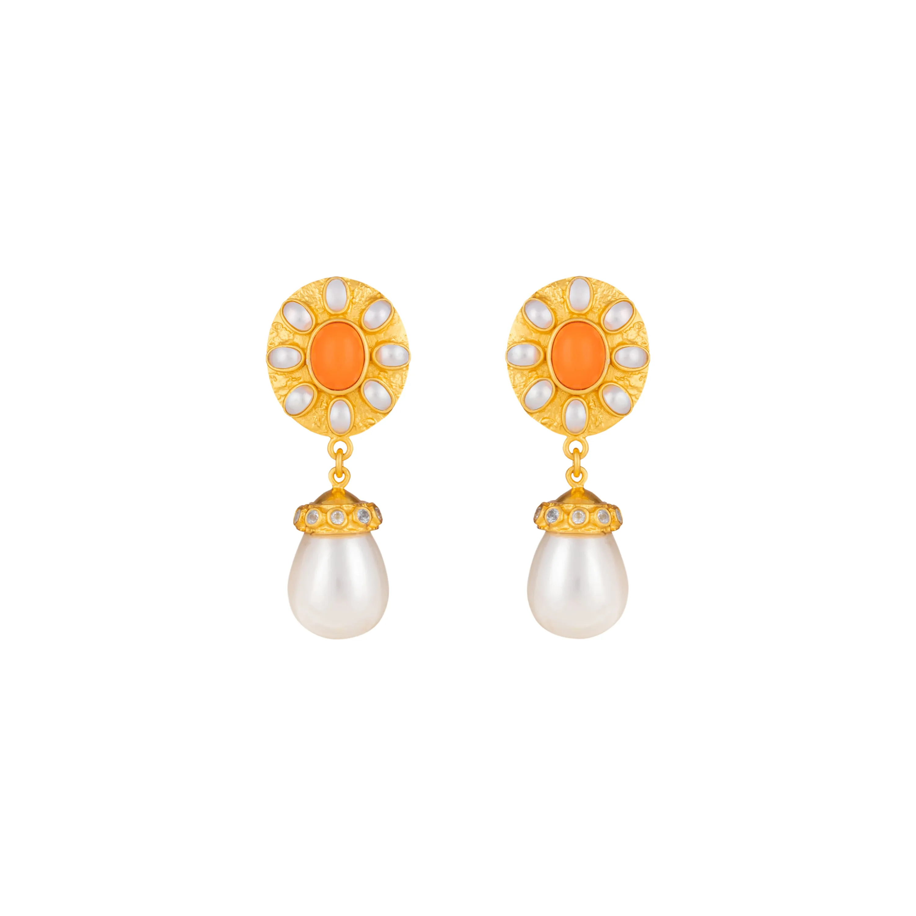 Heather Earrings Orange Coral, Crystal & Pearls