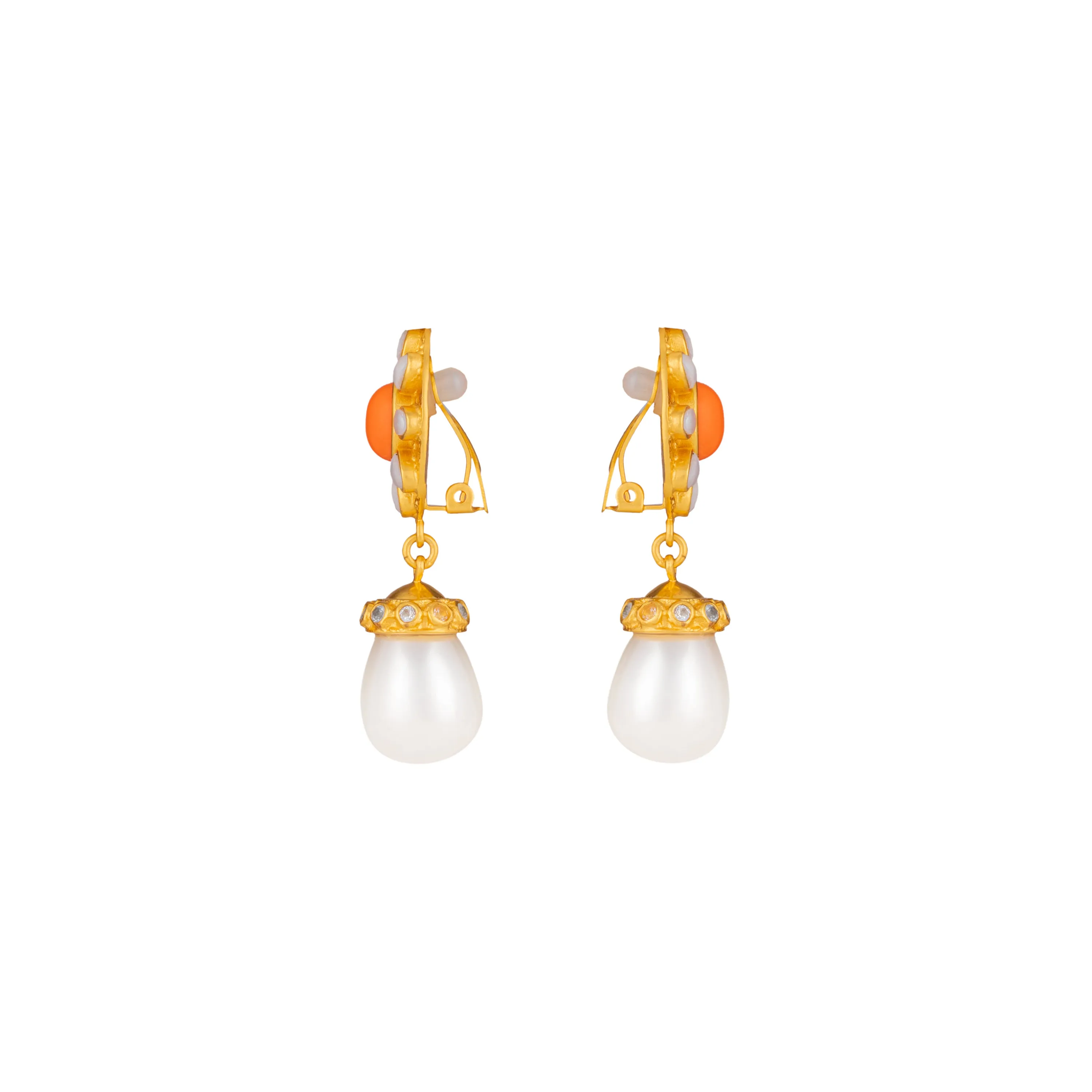 Heather Earrings Orange Coral, Crystal & Pearls