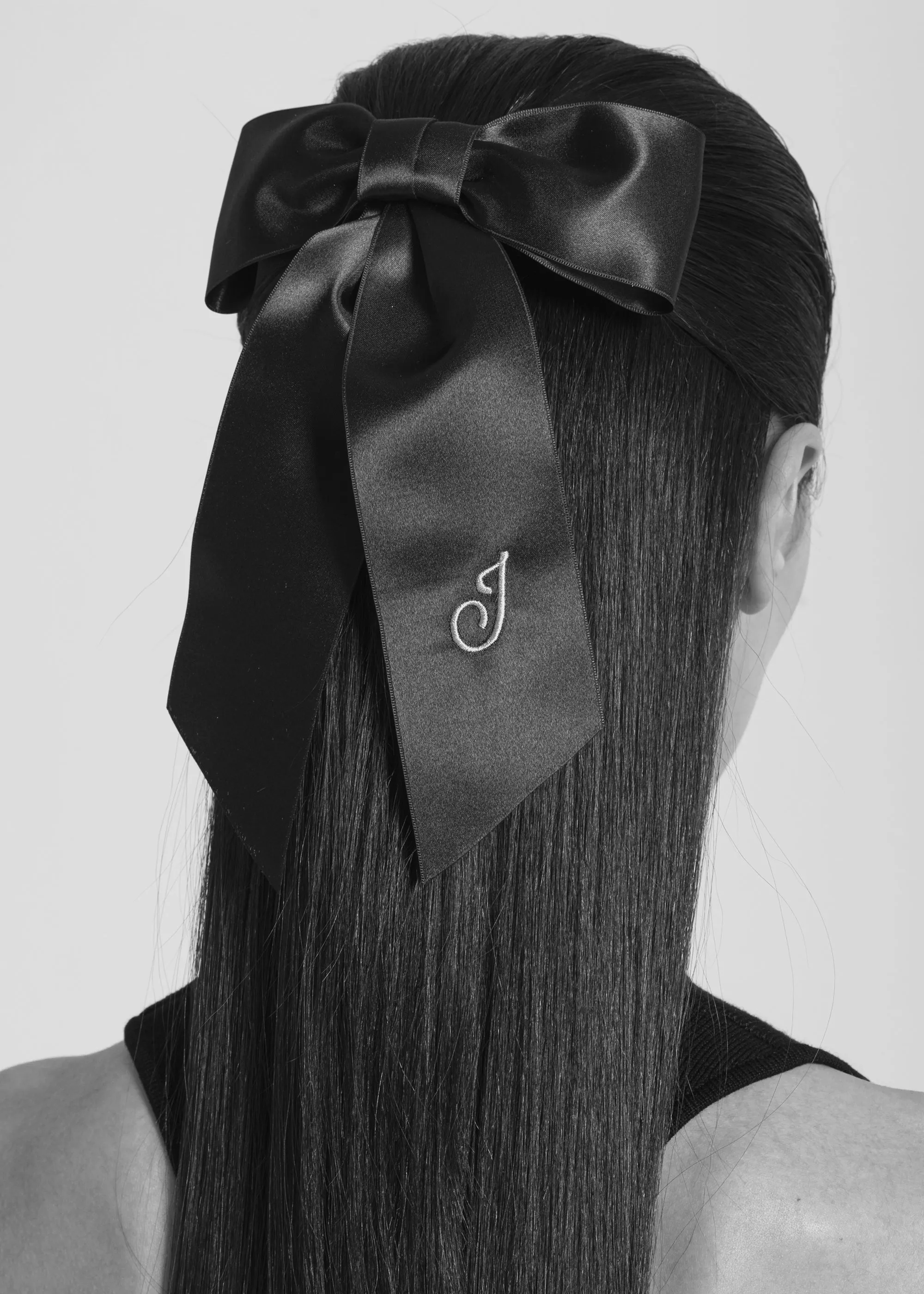 Initial April Satin Bow Barrette -- Black