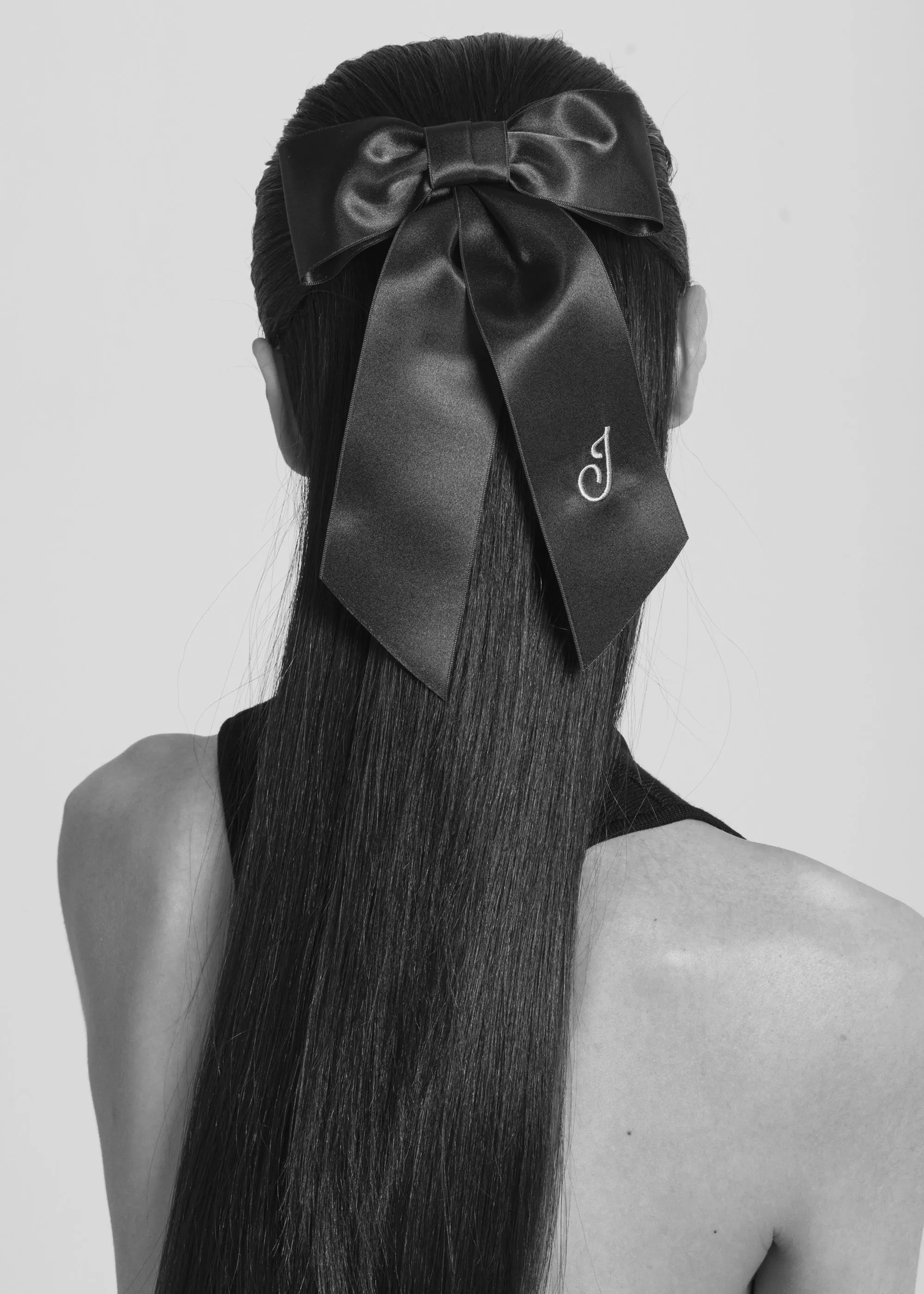 Initial April Satin Bow Barrette -- Black