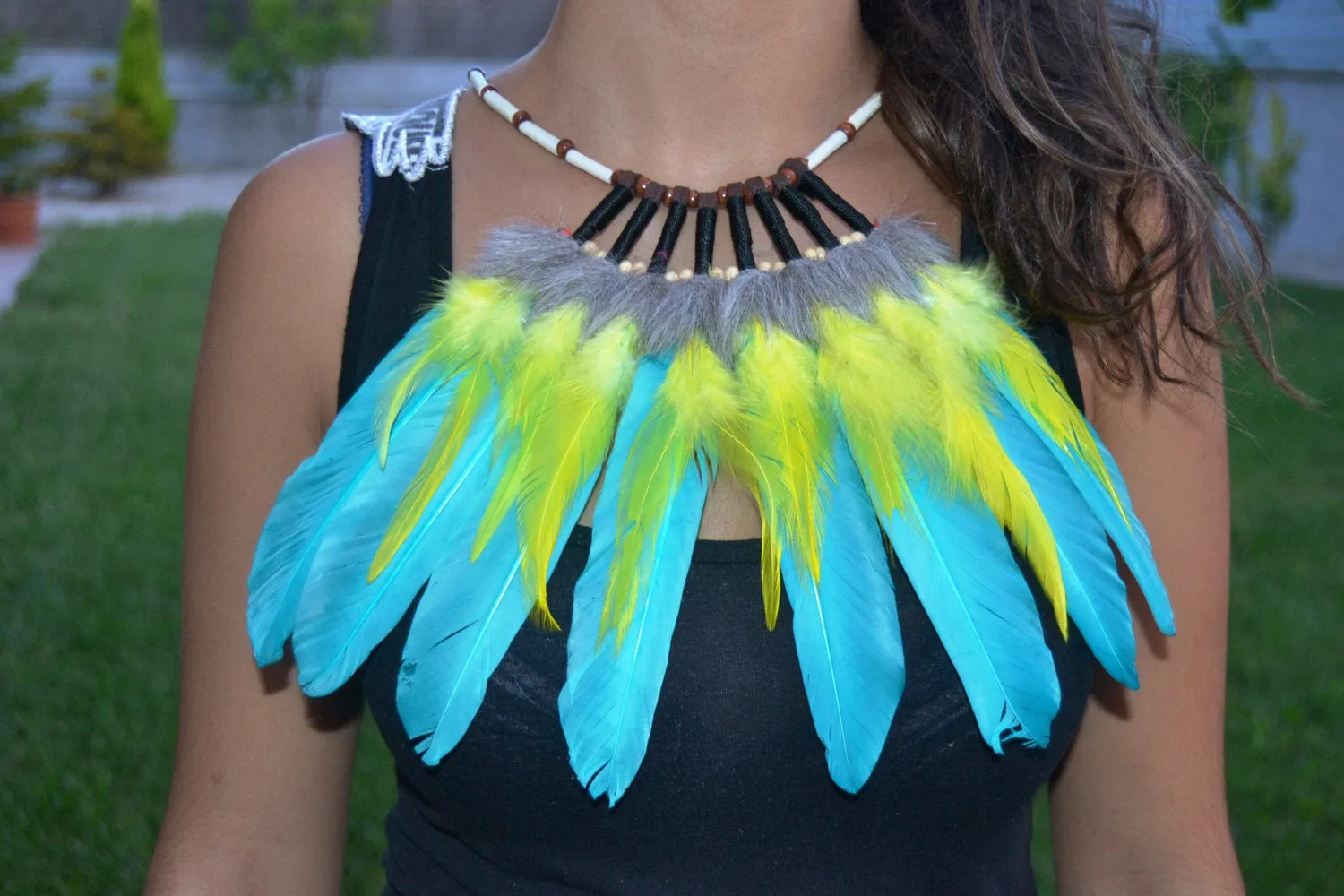 J17- Turquoise and yellow Feather Necklace