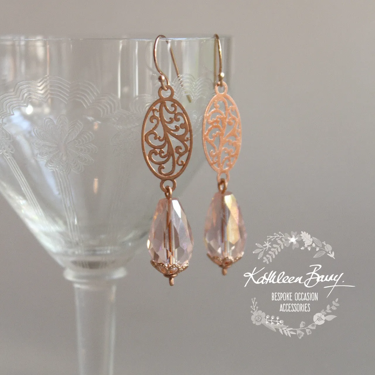 Jemma Rose gold blush pink crystal drop filigree earrings