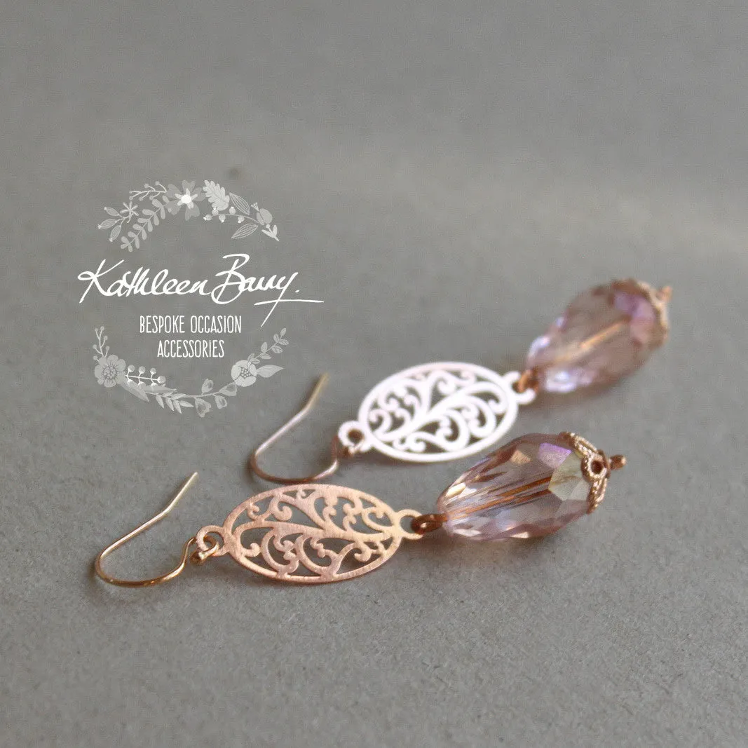 Jemma Rose gold blush pink crystal drop filigree earrings