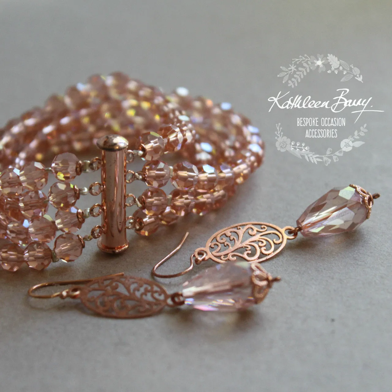 Jemma Rose gold blush pink crystal drop filigree earrings