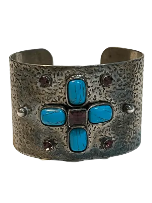 Jewel Symphony: Amethyst and Turquoise Encrusted Silver Cuff Bracelet