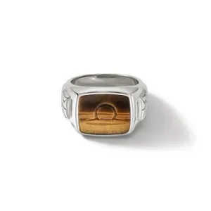 John Hardy Mens Classic Chain Silver ID Signet Ring with Tigers eye