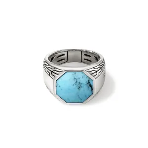 John Hardy Mens ID Silver Octagon Signet Ring with Treated Turquoise