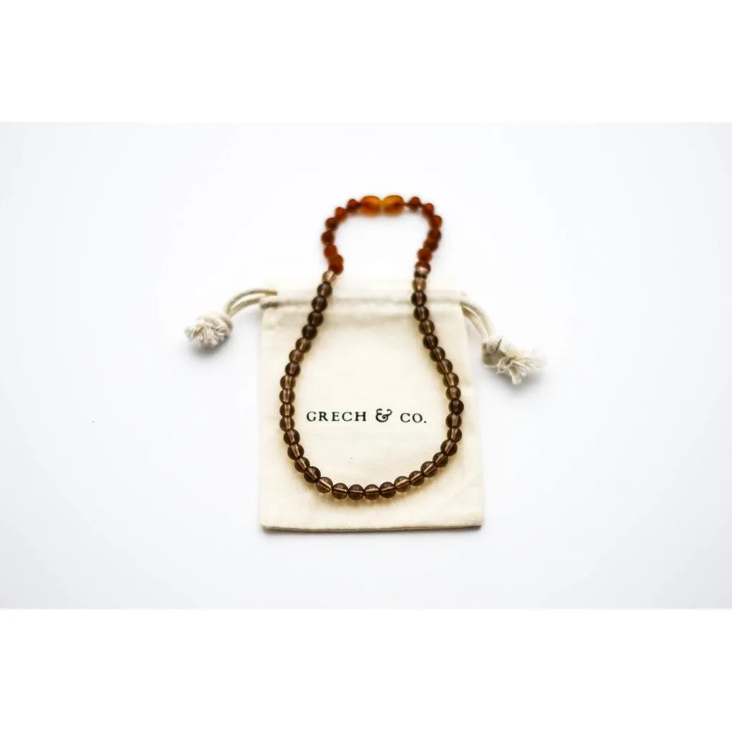 Kids Amber Necklace - Smokey Quartz   Raw Cognac