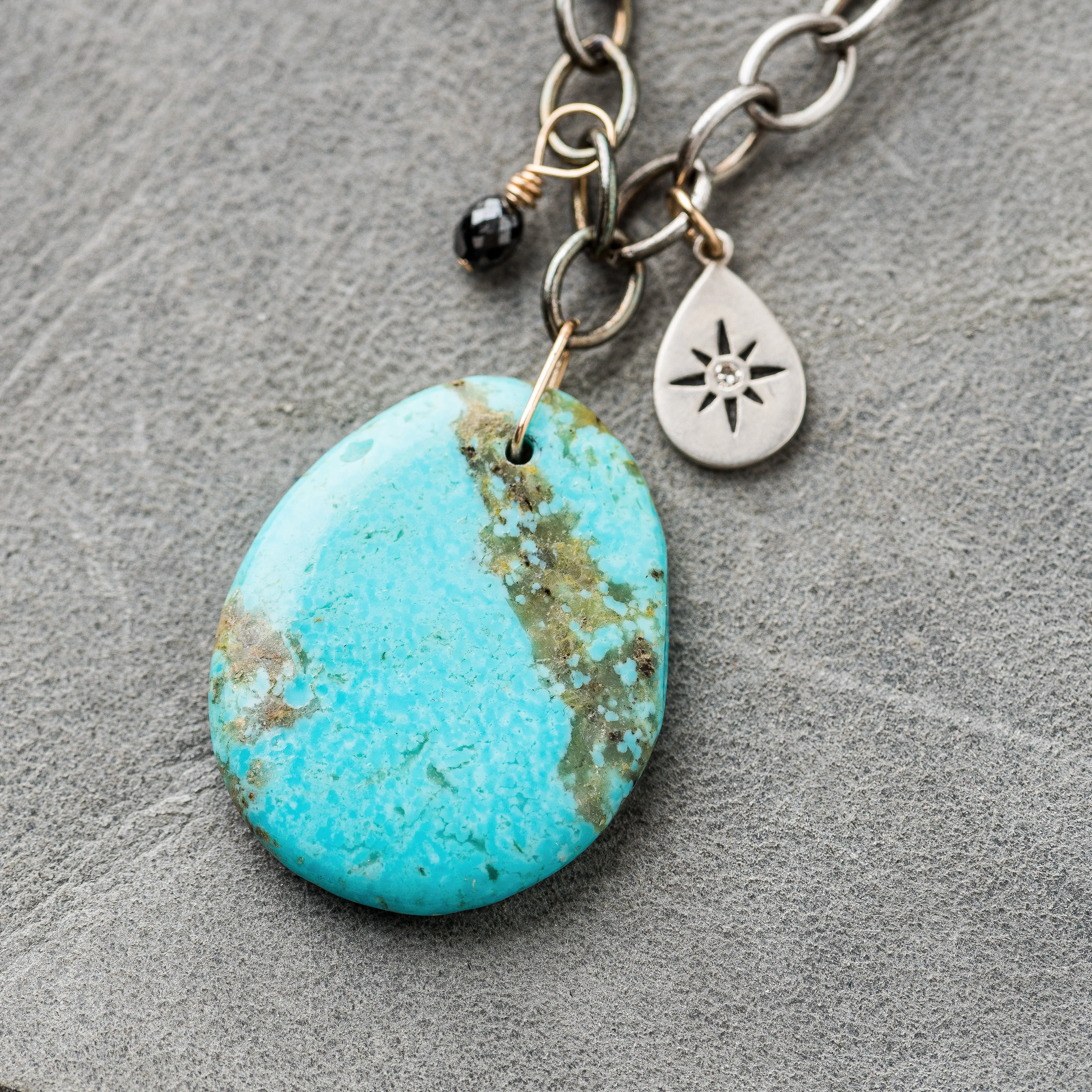 Kingman Turquoise Necklace with Diamond Charms