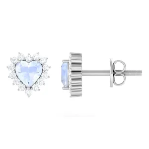 Minimal Heart Shape Moonstone Halo Stud Earrings with Diamond