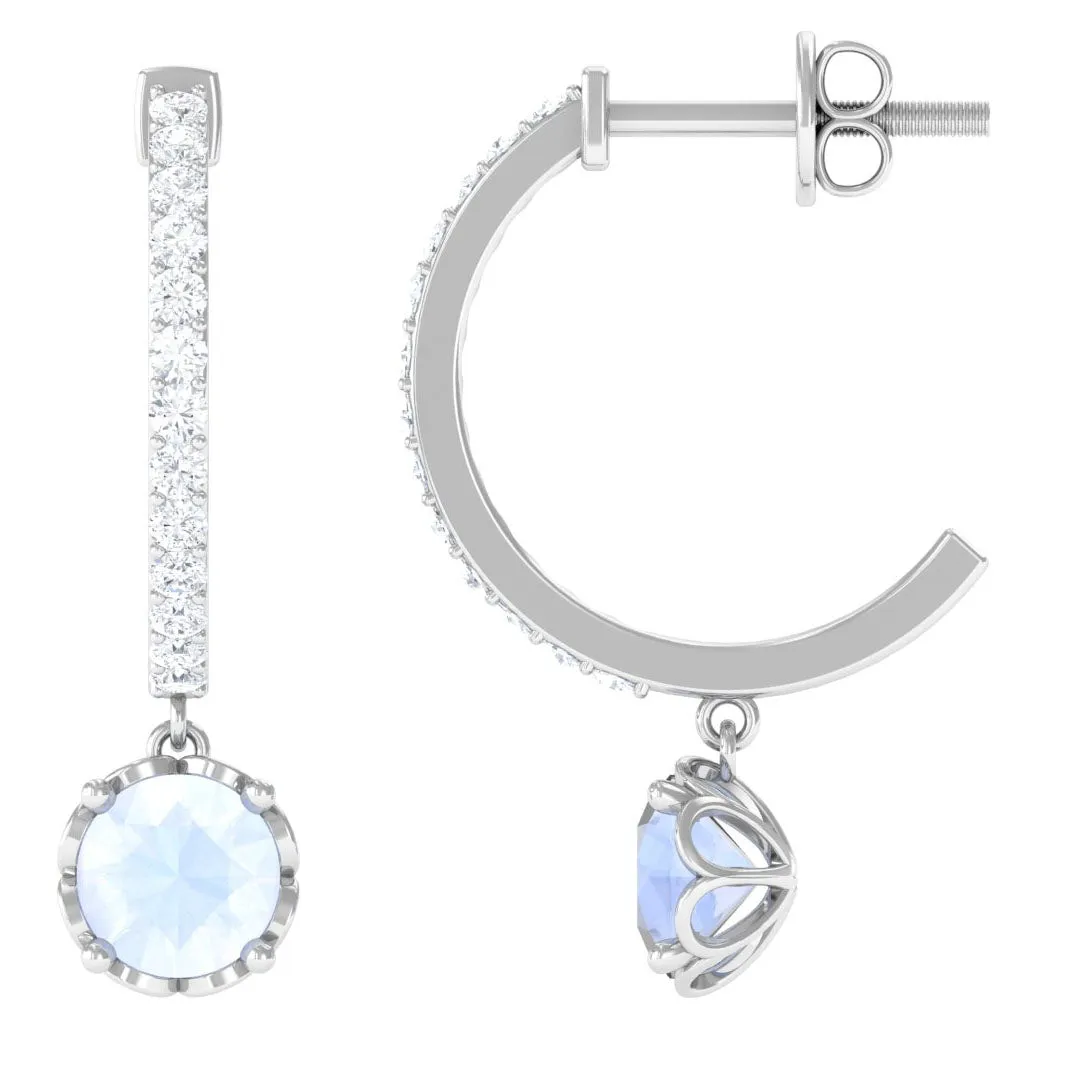 Minimal Round Moonstone Hoop Drop Earrings with Diamond