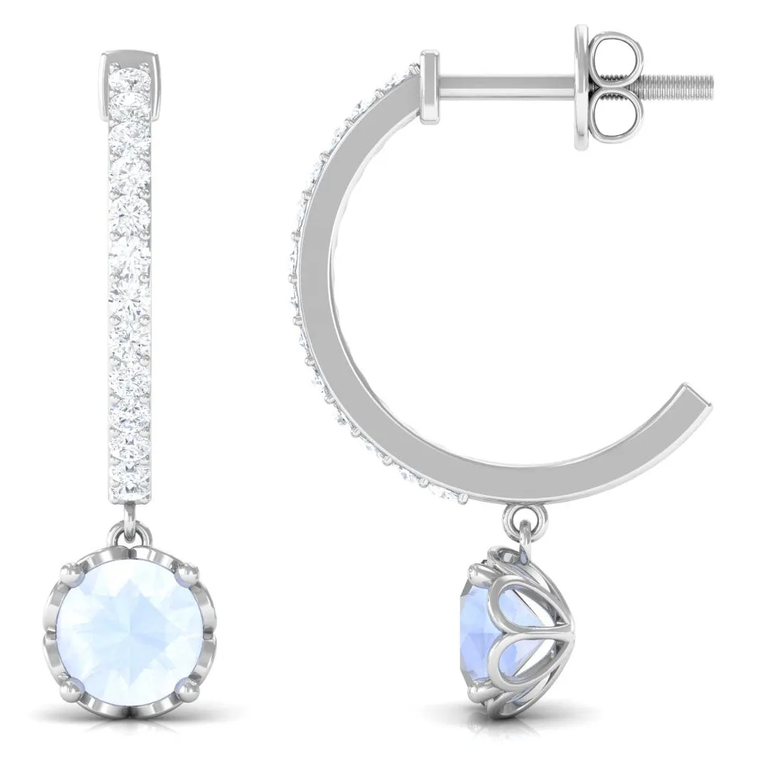 Minimal Round Moonstone Hoop Drop Earrings with Diamond