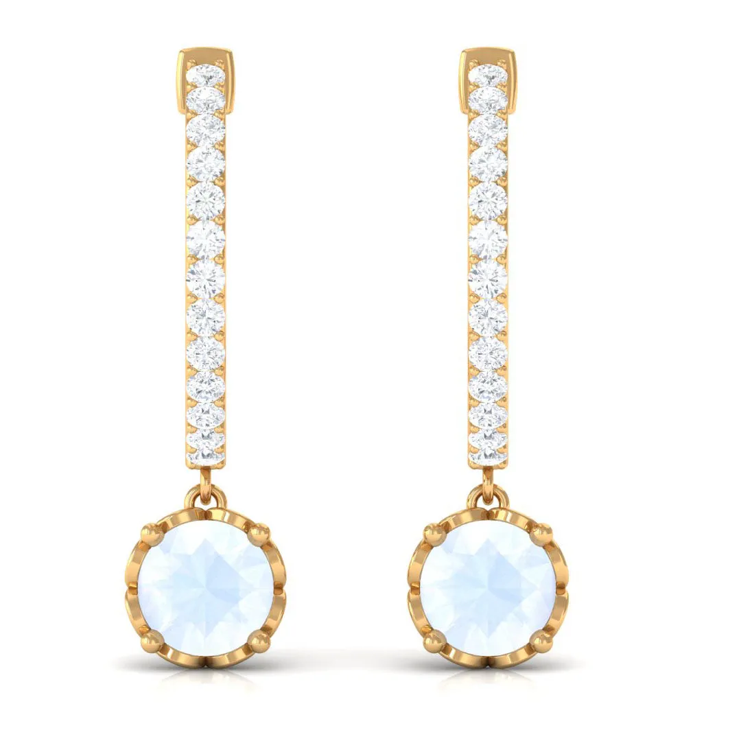 Minimal Round Moonstone Hoop Drop Earrings with Diamond