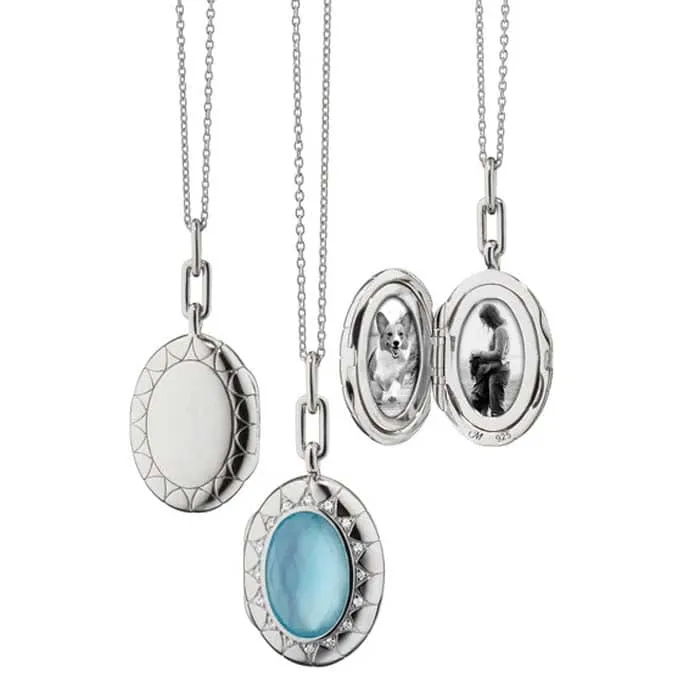 Monica Rich Kosann Blue Topaz and White Sapphire Oval Locket Necklace in Sterling Silver