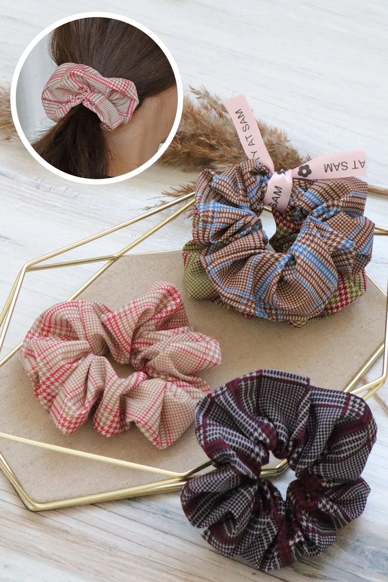 Moody Plaid Check Scrunchie Hair Tie (2pieces Set)