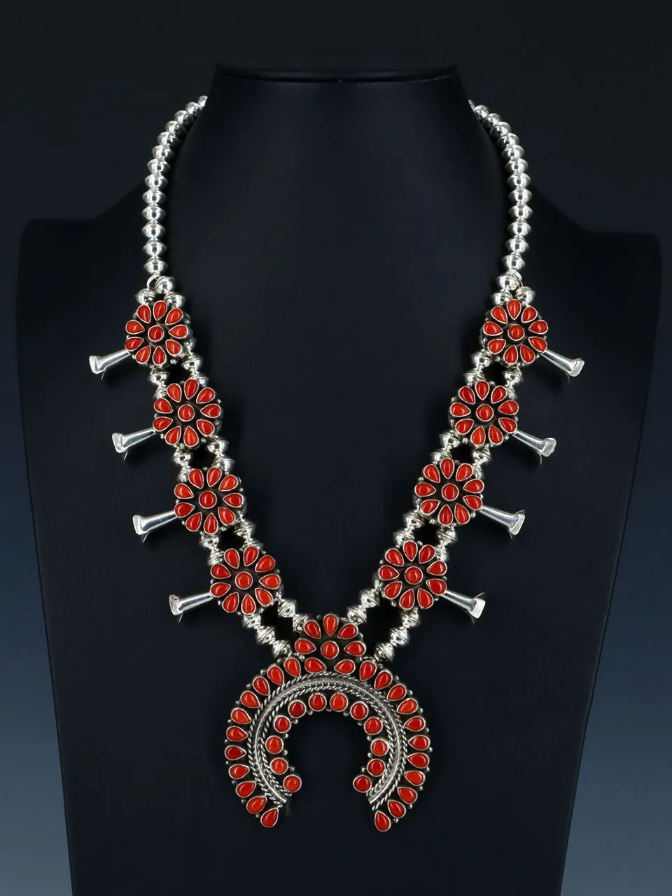 Native American Coral Squash Blossom Necklace and Earrings Set